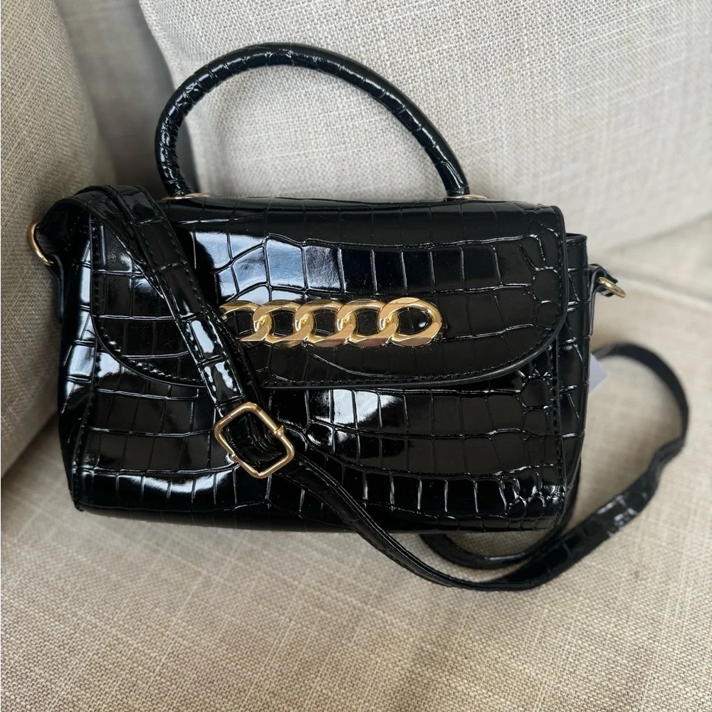 Black croc embossed crossbody bag with top handle - Picture 1 of 10